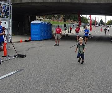 Portable toilets near the finish line of a road race